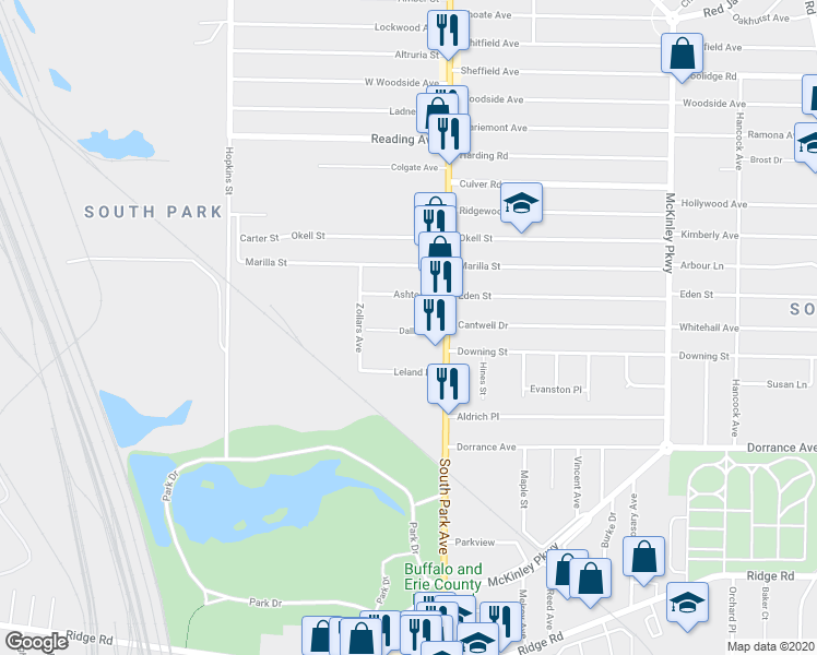 map of restaurants, bars, coffee shops, grocery stores, and more near 2317 South Park Avenue in Buffalo