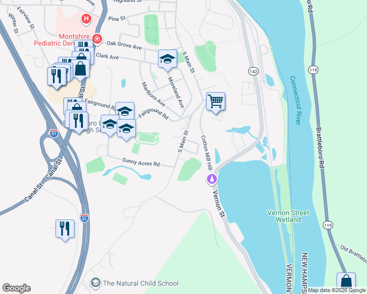 map of restaurants, bars, coffee shops, grocery stores, and more near 585 South Main Street in Brattleboro