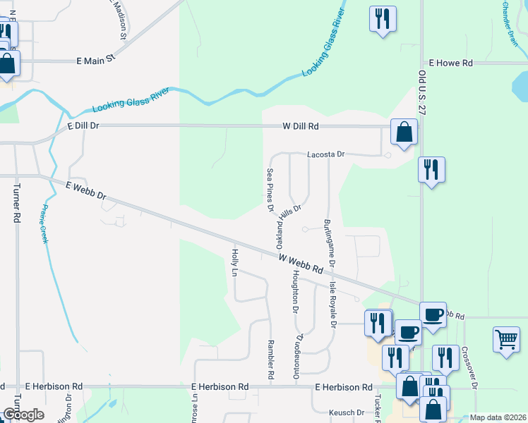 map of restaurants, bars, coffee shops, grocery stores, and more near 12411 Sea Pines Drive in DeWitt