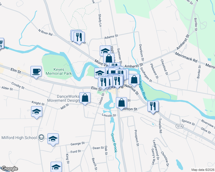 map of restaurants, bars, coffee shops, grocery stores, and more near 167 Union Square in Milford