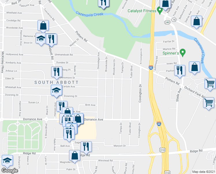 map of restaurants, bars, coffee shops, grocery stores, and more near 124 Brookside Drive in Buffalo