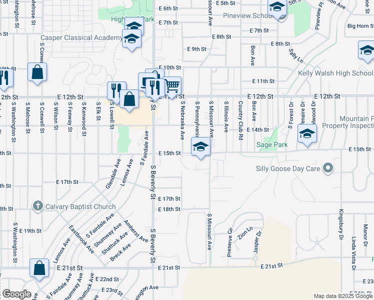 map of restaurants, bars, coffee shops, grocery stores, and more near 2440 East 15th Street in Casper