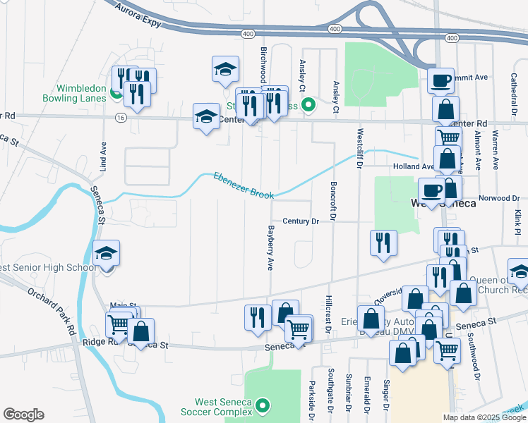 map of restaurants, bars, coffee shops, grocery stores, and more near 130 Bayberry Avenue in Buffalo