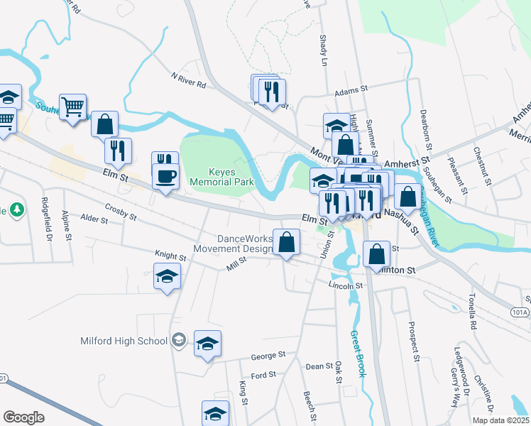 map of restaurants, bars, coffee shops, grocery stores, and more near 1958 Keyes Field Access in Milford