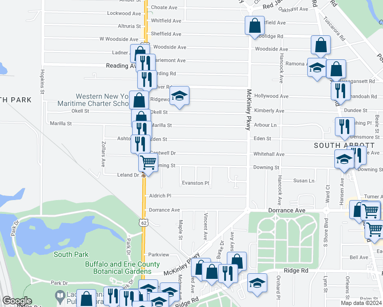 map of restaurants, bars, coffee shops, grocery stores, and more near 99 Cantwell Drive in Buffalo