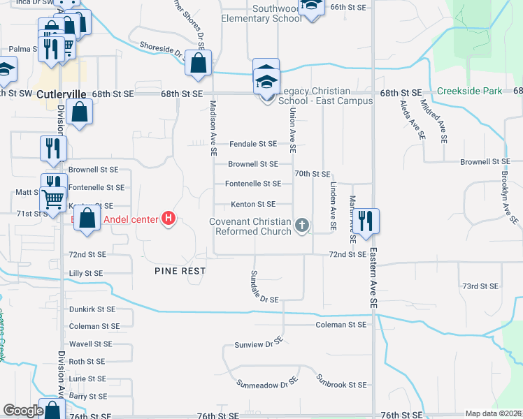 map of restaurants, bars, coffee shops, grocery stores, and more near 518 Kenton Street Southeast in Grand Rapids