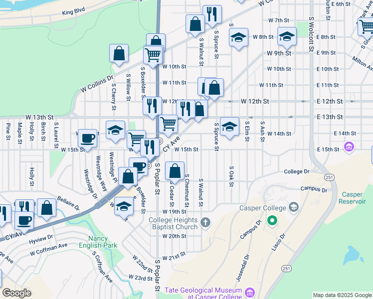 map of restaurants, bars, coffee shops, grocery stores, and more near 799 W 15th St in Casper
