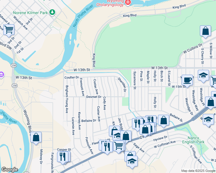 map of restaurants, bars, coffee shops, grocery stores, and more near 1454 Kit Carson Avenue in Casper