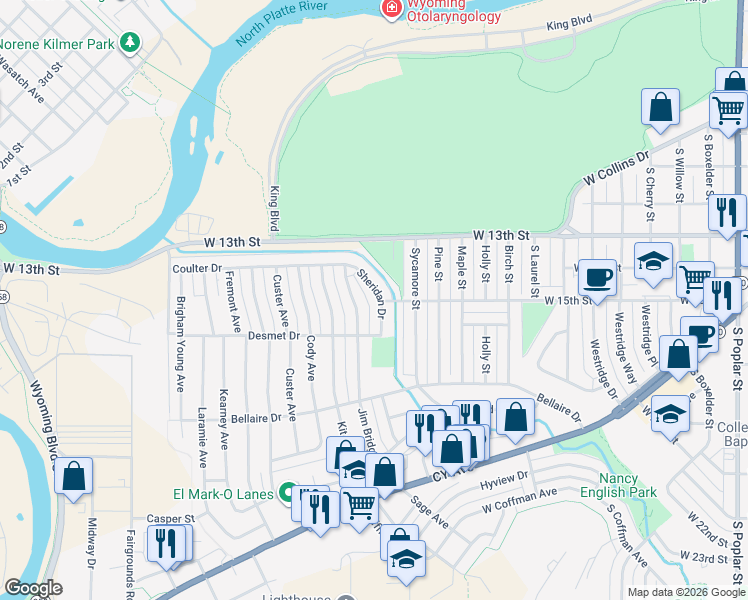 map of restaurants, bars, coffee shops, grocery stores, and more near 1457 Jim Bridger Avenue in Casper