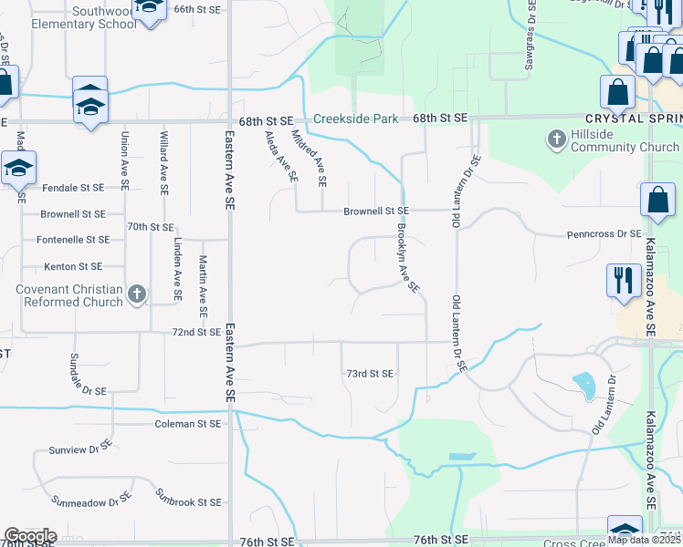 map of restaurants, bars, coffee shops, grocery stores, and more near 1027 Windrow Street Southeast in Grand Rapids