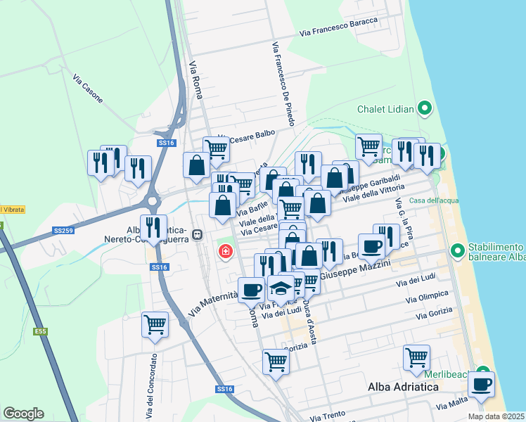 map of restaurants, bars, coffee shops, grocery stores, and more near 4 Via Nazario Sauro in Alba Adriatica