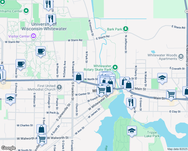 map of restaurants, bars, coffee shops, grocery stores, and more near 130 North Fremont Street in Whitewater