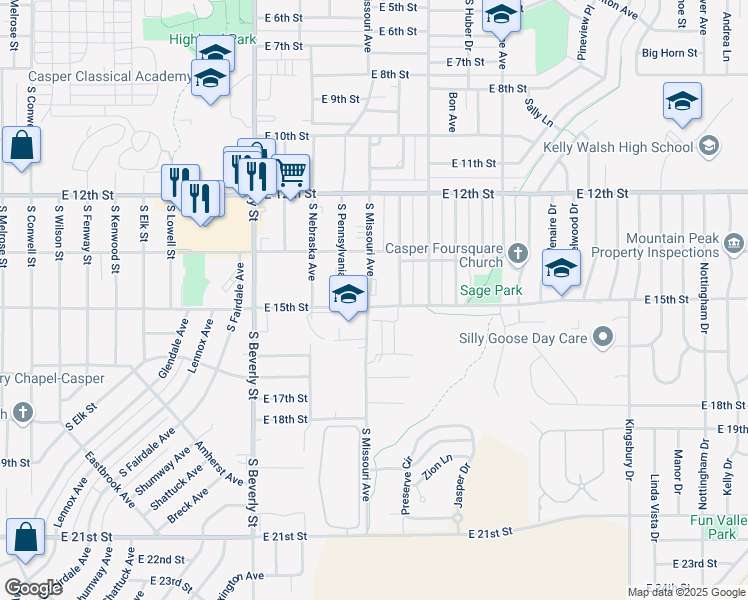 map of restaurants, bars, coffee shops, grocery stores, and more near 1491 South Missouri Avenue in Casper