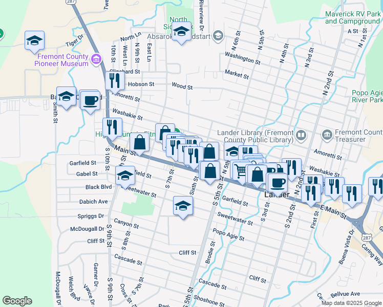 map of restaurants, bars, coffee shops, grocery stores, and more near 637 Lincoln Street in Lander