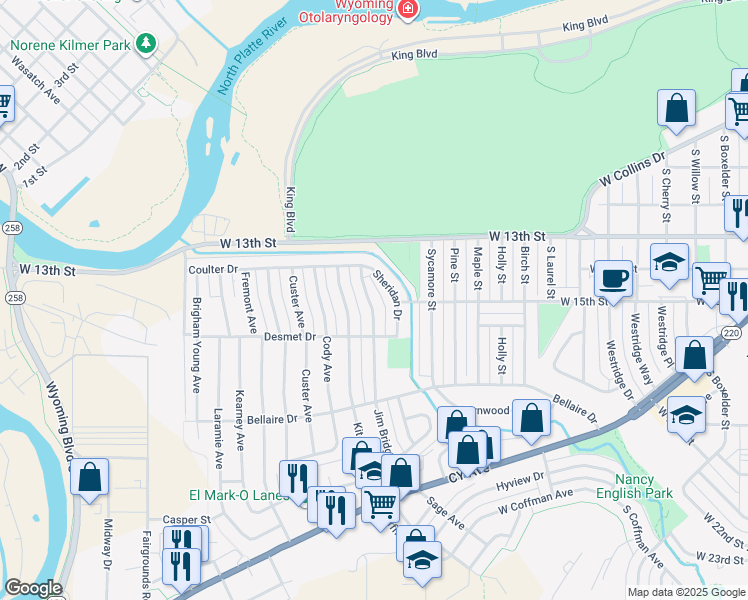 map of restaurants, bars, coffee shops, grocery stores, and more near 1457 Jim Bridger Avenue in Casper