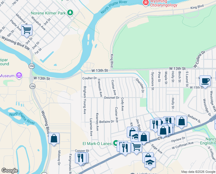 map of restaurants, bars, coffee shops, grocery stores, and more near 1457 Fetterman Avenue in Casper