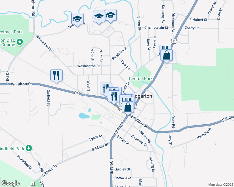 map of restaurants, bars, coffee shops, grocery stores, and more near 104 Swift Street in Edgerton