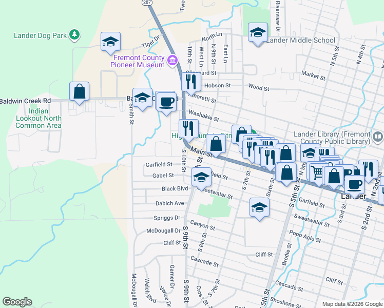 map of restaurants, bars, coffee shops, grocery stores, and more near 933 Main Street in Lander