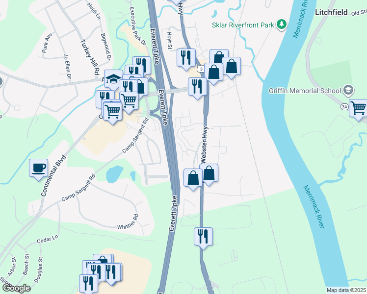 map of restaurants, bars, coffee shops, grocery stores, and more near 75 Gunstock Ridge in Merrimack