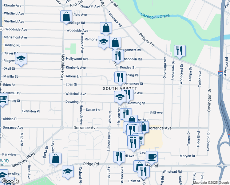 map of restaurants, bars, coffee shops, grocery stores, and more near 172 Whitehall Avenue in Buffalo