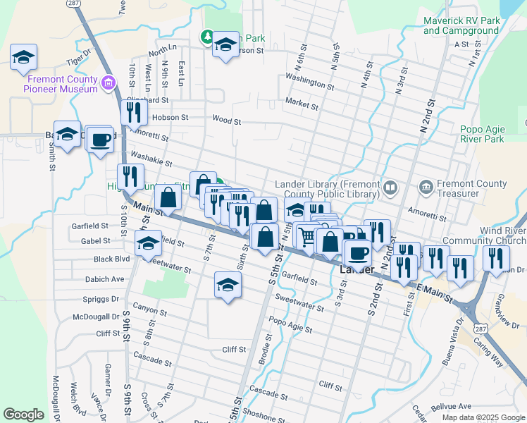 map of restaurants, bars, coffee shops, grocery stores, and more near 590 Lincoln Street in Lander