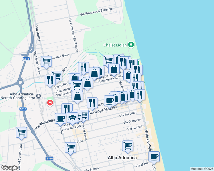 map of restaurants, bars, coffee shops, grocery stores, and more near 132 Via Cesare Battisti in Alba Adriatica
