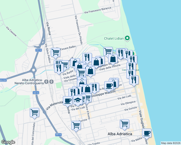 map of restaurants, bars, coffee shops, grocery stores, and more near 80 Via Battisti in Alba Adriatica