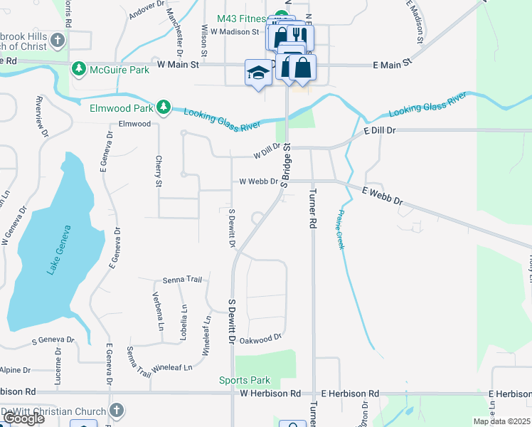 map of restaurants, bars, coffee shops, grocery stores, and more near 880 South Bridge Street in DeWitt