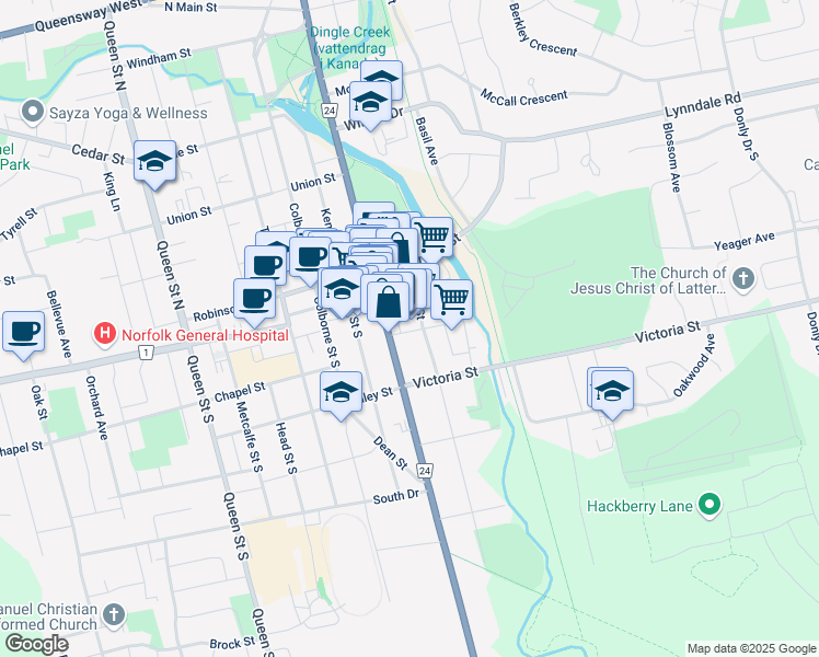 map of restaurants, bars, coffee shops, grocery stores, and more near 33 Water Street in Simcoe