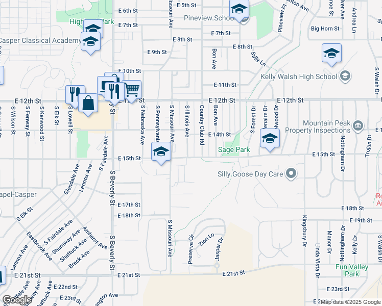 map of restaurants, bars, coffee shops, grocery stores, and more near 1461 South Illinois Avenue in Casper
