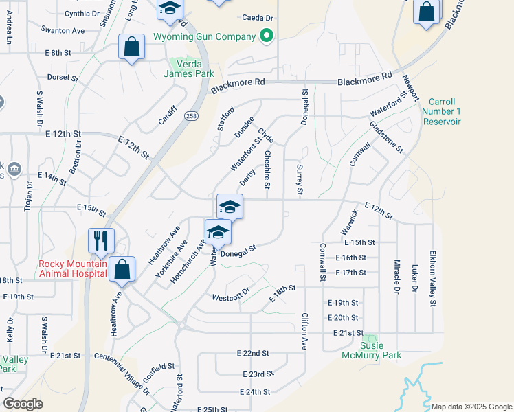 map of restaurants, bars, coffee shops, grocery stores, and more near 1199 Cheshire St in Casper
