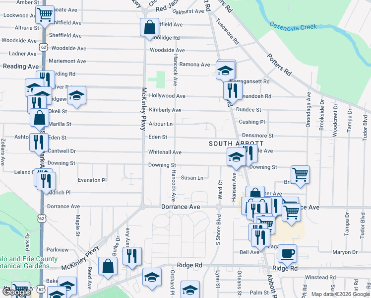 map of restaurants, bars, coffee shops, grocery stores, and more near 90 Whitehall Avenue in Buffalo
