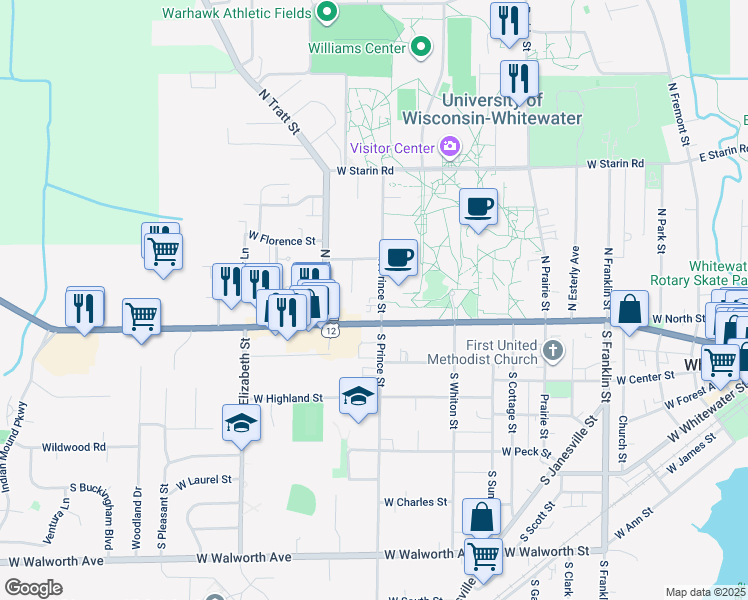 map of restaurants, bars, coffee shops, grocery stores, and more near 126 North Prince Street in Whitewater