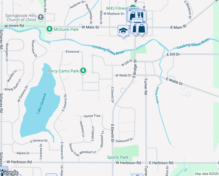 map of restaurants, bars, coffee shops, grocery stores, and more near 816 South Dewitt Drive in DeWitt