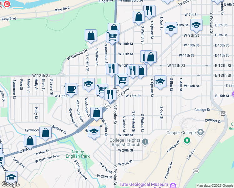 map of restaurants, bars, coffee shops, grocery stores, and more near 946-970 CY Avenue in Casper
