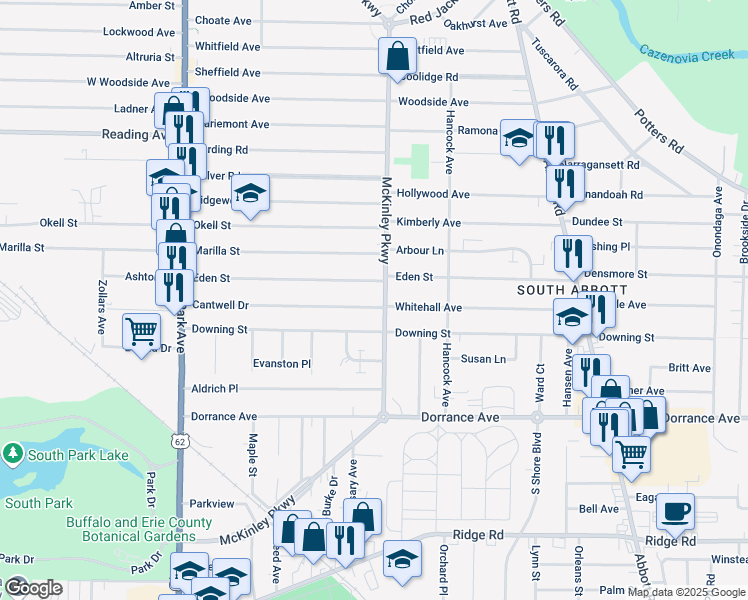 map of restaurants, bars, coffee shops, grocery stores, and more near 210 Cantwell Drive in Buffalo