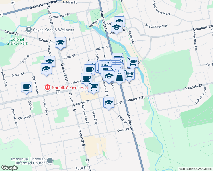 map of restaurants, bars, coffee shops, grocery stores, and more near 46 Peel Street in Simcoe