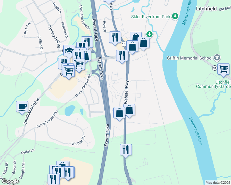 map of restaurants, bars, coffee shops, grocery stores, and more near 75 Gunstock Ridge in Merrimack