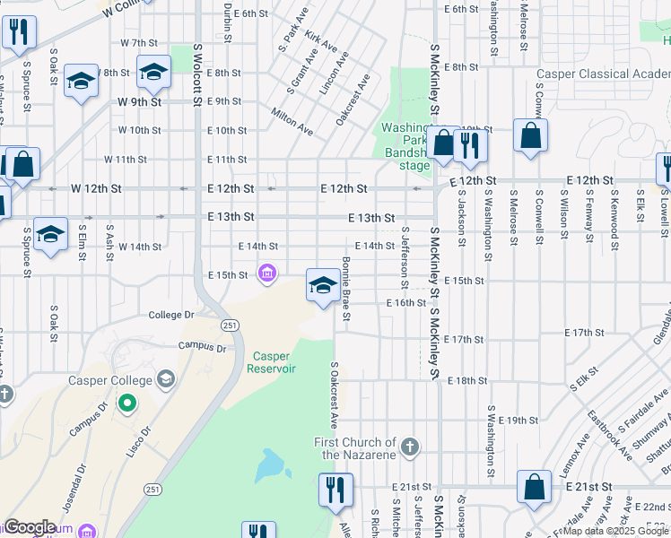 map of restaurants, bars, coffee shops, grocery stores, and more near 632 East 15th Street in Casper