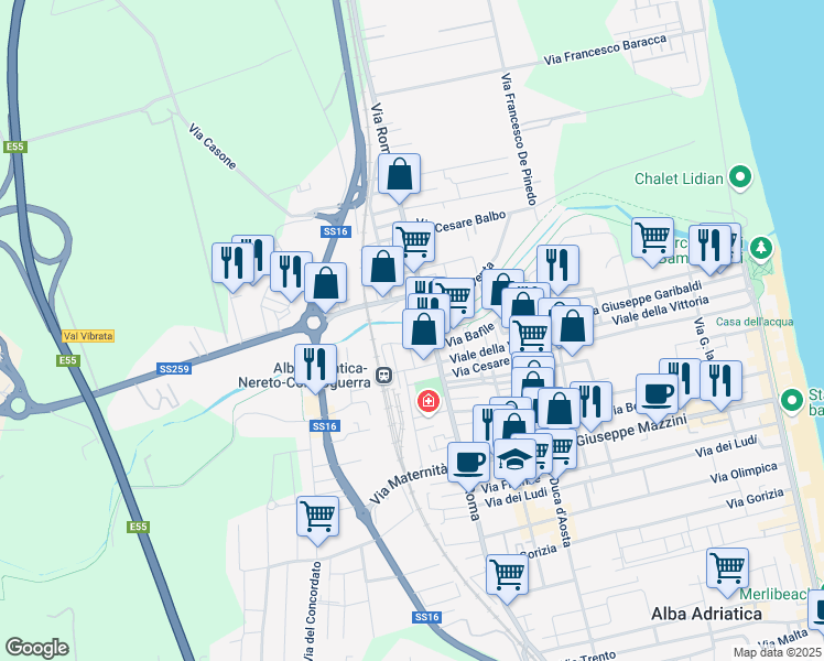 map of restaurants, bars, coffee shops, grocery stores, and more near 1 Via Teano in Alba Adriatica