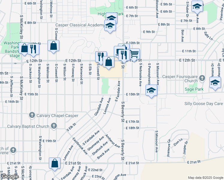 map of restaurants, bars, coffee shops, grocery stores, and more near 1400 South Fairdale Avenue in Casper