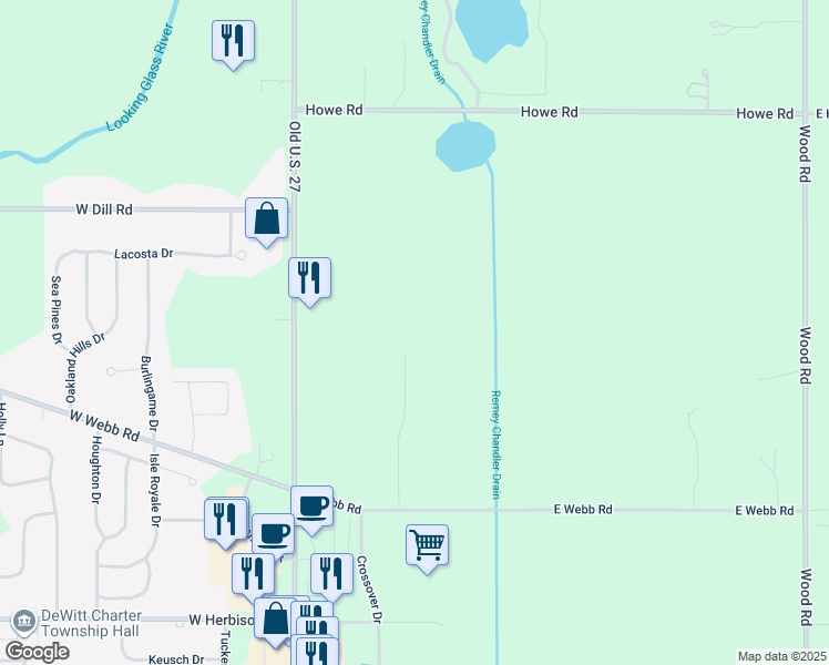 map of restaurants, bars, coffee shops, grocery stores, and more near 12421 Kruger Lane in DeWitt