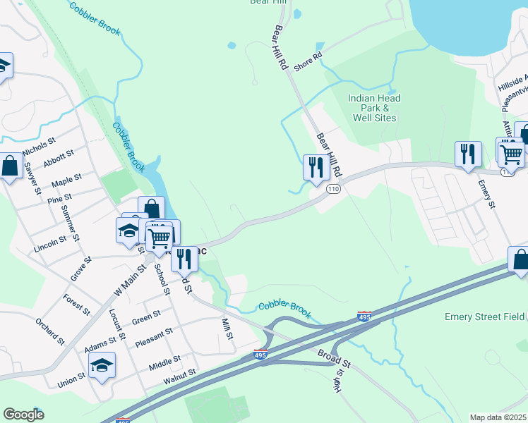 map of restaurants, bars, coffee shops, grocery stores, and more near 61 East Main Street in Merrimac