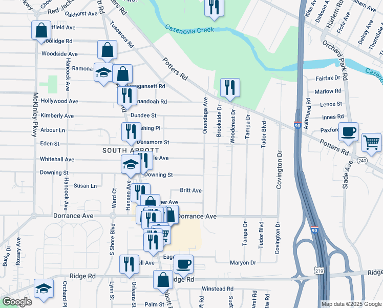 map of restaurants, bars, coffee shops, grocery stores, and more near 105 Carlyle Avenue in Buffalo