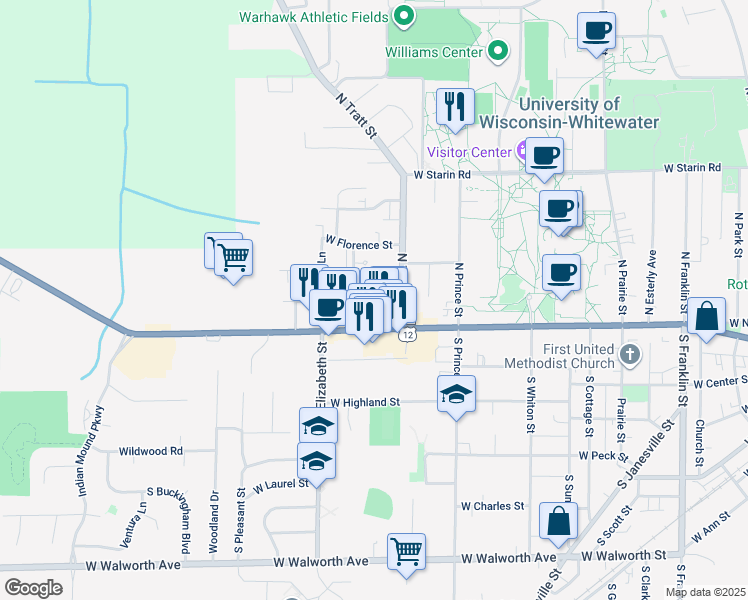 map of restaurants, bars, coffee shops, grocery stores, and more near 1132 West Main Street in Whitewater