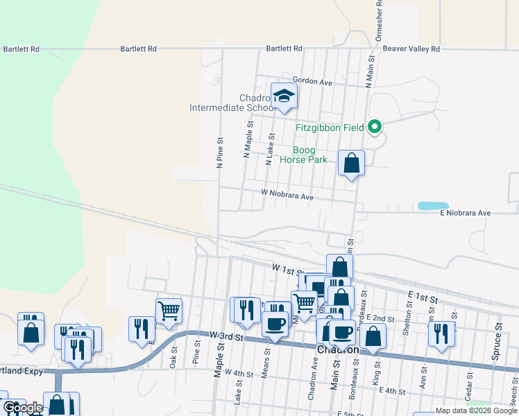 map of restaurants, bars, coffee shops, grocery stores, and more near 101 North Lake Street in Chadron