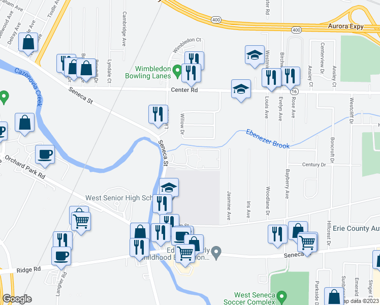 map of restaurants, bars, coffee shops, grocery stores, and more near 3252 Seneca Street in West Seneca