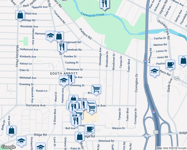 map of restaurants, bars, coffee shops, grocery stores, and more near 105 Carlyle Avenue in Buffalo