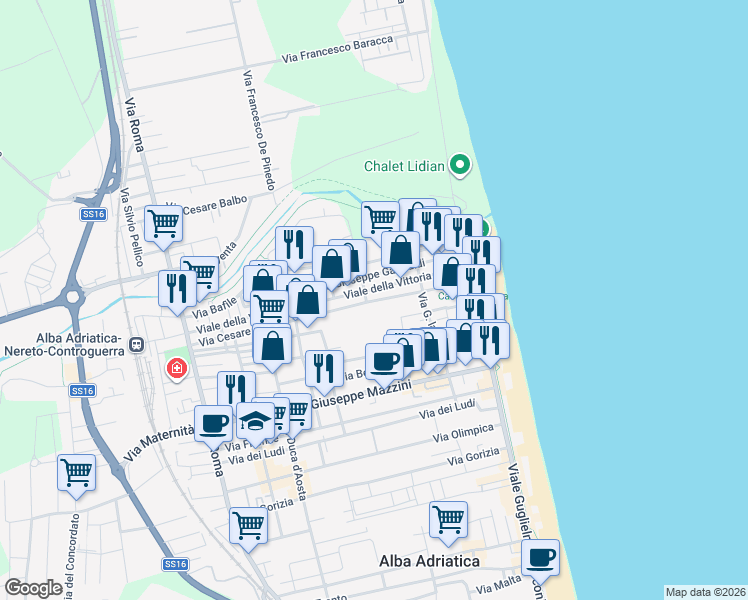 map of restaurants, bars, coffee shops, grocery stores, and more near 132 Via Cesare Battisti in Alba Adriatica