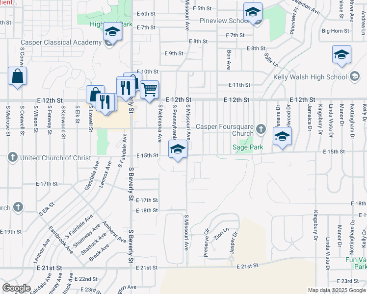 map of restaurants, bars, coffee shops, grocery stores, and more near 1462 South Missouri Avenue in Casper